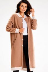 Długa Rozpinana Bluza ze Stójką - Beżowa. Brązowe bluzy bez kaptura damskie Awama, l, z bawełny. Za 228.90 zł.