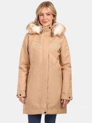 Kilpi Płaszcz zimowy "Peru" w kolorze beżowym rozmiar: 38. Brązowe płaszcze damskie Kilpi, na zimę, m, bez wzorów, z puchu. Za 430.76 zł.