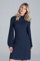Dzianinowa Sukienka z Golfem - Granatowa. Czarne sukienki damskie Figl, m, bez wzorów, z dzianiny, bez kołnierzyka, bez ramiączek, rozkloszowane. Za 289.00 zł.