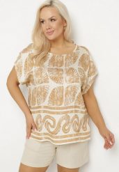 Beżowa Bluzka Nietoperz z Wiskozy w Abstrakcyjny Print Jenoloria. Brązowe bluzki damskie Born2be, xl, bez wzorów, z jeansu, eleganckie, bez kołnierzyka, bez ramiączek. Za 39.99 zł.