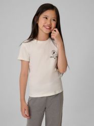 4F T-shirt slim z nadrukiem dziewczęcy - kremowy 128 (7-8 lat). Białe koszulki dziewczęce 4f, bez wzorów, z bawełny, bez ramiączek. Za 39.99 zł.