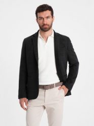 Żakardowa marynarka męska w delikatną kratę - czarna V2. Czarne marynarki męskie Ombre Clothing, bez wzorów, z materiału. W wyprzedaży za 99.99 zł.