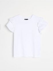 Bawełniana koszulka z ozdobnymi falbankami - biały. Białe t-shirty damskie Sinsay, l, bez wzorów, z bawełny, bez kołnierzyka. Za 25.99 zł.