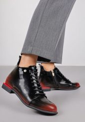 Czarno-Czerwone Lakierowane Botki Vices w Stylu Trzewików Jenisse. Czarne botki damskie Born2be, z jeansu, biznesowe, bez obcasa, na płaskiej podeszwie, bez zapięcia. Za 99.99 zł.