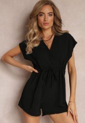 Czarny Krótki Kombinezon ze Ściągaczem w Talii Weam. Czarne kombinezony damskie Renee, bez wzorów, eleganckie, bez kołnierzyka, bez ramiączek, krótkie. Za 49.99 zł.