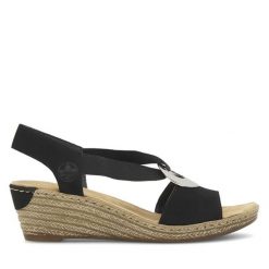 Sandały Rieker. Czarne sandały damskie Rieker, bez wzorów, bez obcasa, na koturnie. Za 299.99 zł.
