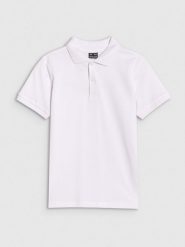 4F Koszulka polo dziecięca - biała 128 (7-8 lat). Białe koszulki dziewczęce 4f, bez wzorów, z bawełny, bez ramiączek. Za 49.99 zł.