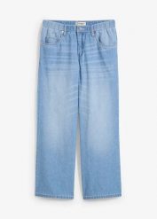 Dżinsy Straight, mid waist, z wygodnym paskiem, łów stretch, cropped. Niebieskie jeansy damskie bonprix. Za 107.99 zł.