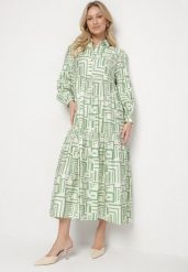 Zielona Rozkloszowana Sukienka Koszulowa z Wiskozą w Geometryczny Wzór Alineria. Zielone sukienki damskie Born2be, na co dzień, l, bez wzorów, z bawełny, eleganckie, bez kołnierzyka, bez ramiączek, maxi, koszulowe. Za 129.99 zł.