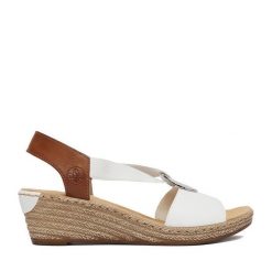 Sandały Rieker. Białe sandały damskie Rieker, bez wzorów, bez obcasa, na koturnie. Za 299.99 zł.