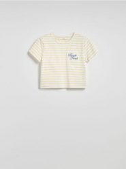 T-shirt w paski - wielobarwny. T-shirty damskie Reserved, l, bez wzorów, z bawełny, bez kołnierzyka. W wyprzedaży za 25.99 zł.