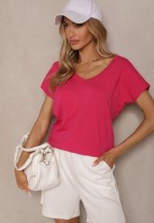 Fuksjowy T-shirt z Bawełny z Dekoltem w Serek Linithiela. Czerwone t-shirty damskie Renee, m, bez wzorów, z bawełny, bez kołnierzyka. Za 44.99 zł.