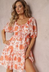 Pomarańczowa Sukienka Mini z Hiszpańskim Dekoltem i Gumką w Talii Lisella. Brązowe sukienki damskie Renee, l, bez wzorów, z tkaniny, bez kołnierzyka, bez ramiączek, mini, rozkloszowane. W wyprzedaży za 55.99 zł.