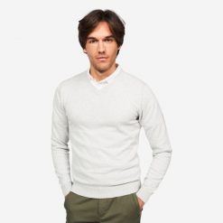 Sweter do golfa męski MW500 dekolt w serek. Szare swetry męskie INESIS, l, bez wzorów, z bawełny, bez kołnierzyka. Za 69.99 zł.