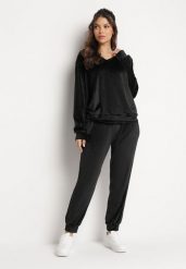 Czarny Welurowy Komplet Dresowy Bluza z Trójkątnym Dekoltem i Spodnie z Kieszeniami Onchia. Czarne bluzy bez kaptura damskie Born2be, l, z dresówki. Za 119.99 zł.
