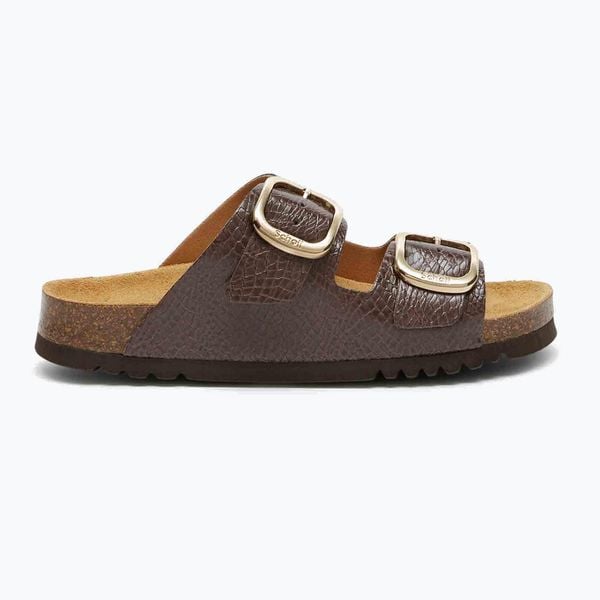 Klapki damskie Scholl Noelle Syntetic Reptile. Brązowe klapki damskie Scholl, bez wzorów, z materiału, bez obcasa. Za 289.99 zł.