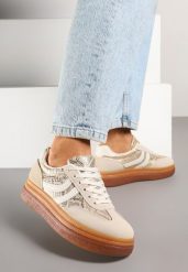 Beżowe Wężowe Sneakersy Typu Kultowe Tenisówki na Niskiej Platformie Olritia. Brązowe trampki i tenisówki damskie Renee, bez wzorów, z materiału. Za 89.99 zł.