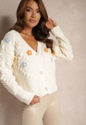 Jasnobeżowy Kardigan z Pomponami i Kwiatkami 3D w Stylu Retro Terilaya. Brązowe kardigany damskie Renee, bez wzorów, z bawełny. Za 69.99 zł.
