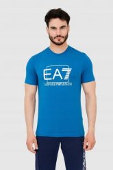 EA7 Niebieski męski t-shirt z dużym logo. Niebieskie t-shirty męskie EA7 Emporio Armani, m, bez wzorów, bez kołnierzyka. W wyprzedaży za 248.99 zł.