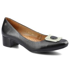 Czółenka damskie Maciejka, ze skórzaną cholewką miękką wkładką stabilnym obcasem i ozdobą na nosku, czarne, 05034-01-00-1. Czarne czółenka damskie Maciejka, z aplikacjami, ze skóry, bez obcasa, na obcasie. Za 168.00 zł.