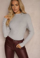 Szary Półgolf Sweter Prążkowany z Bawełną Wiskozą i Guzikami Tiathena. Szare swetry klasyczne damskie Renee, m, z bawełny, bez kołnierzyka. Za 54.99 zł.