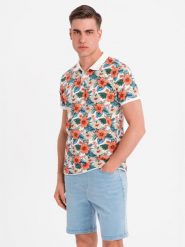 Koszulka polo bawełniana z nadrukiem w kwiaty – biała V1 OM-POSS-0149 - XXL. Białe koszulki polo męskie Ombre Clothing, na lato, l, bez wzorów, z bawełny, bez ramiączek. W wyprzedaży za 69.99 zł.