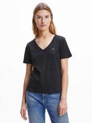 TOMMY JEANS Koszulka w kolorze czarnym rozmiar: M. Czarne bluzki damskie Tommy Jeans, m, bez wzorów, z bawełny, bez kołnierzyka, bez ramiączek. Za 169.45 zł.