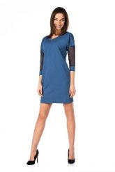 Jeansowa Dopasowana Sukienka z Transparentnym Rękawem 3/4. Brązowe sukienki damskie Merribel, l, bez wzorów, z bawełny, wizytowe, bez kołnierzyka, bez ramiączek, dopasowane. Za 108.90 zł.