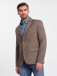 Marynarka męska casual w delikatną kratkę - brązowa V1 OM-BLZB-0116 - XL. Brązowe marynarki męskie Ombre Clothing, bez wzorów, z poliesteru. W wyprzedaży za 149.99 zł.