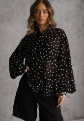 Czarna Półprzezroczysta Koszula w Kropki z Wiskozy i Bawełny z Wiązaniem Delmara. Czarne koszule damskie Renee, m, bez wzorów, z bawełny, retro, bez kołnierzyka, bez ramiączek. Za 109.99 zł.