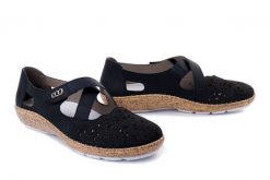 RIEKER 44856-14 blue, półbuty letnie damskie. Niebieskie półbuty damskie Rieker, w ażurowe wzory, ze skóry, bez obcasa. Za 255.92 zł.