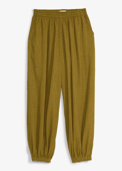 Spodnie haremki ze strukturalnej krepy. Zielone spodnie materiałowe damskie bonprix, bez wzorów. Za 112.99 zł.