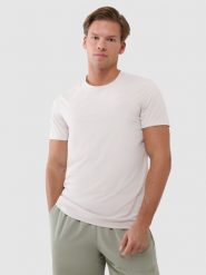4F Koszulka treningowa regular szybkoschnąca męska - beżowa S. Brązowe t-shirty sportowe męskie 4f, m, z dzianiny, bez ramiączek, na fitness i siłownię. W wyprzedaży za 99.99 zł.