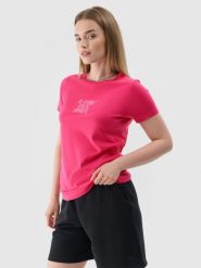 4F T-shirt slim z nadrukiem damski - różowy XS. Czerwone t-shirty damskie 4f, xs, bez wzorów, z dzianiny, bez kołnierzyka. Za 29.99 zł.