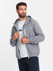 Lekka sportowa męska kurtka z polarową podszewką – szara V3 OM-JANP-0136 - XXL. Szare kurtki treningowe męskie Ombre Clothing, l, z aplikacjami, z gumy, żeglarskie. W wyprzedaży za 189.99 zł.