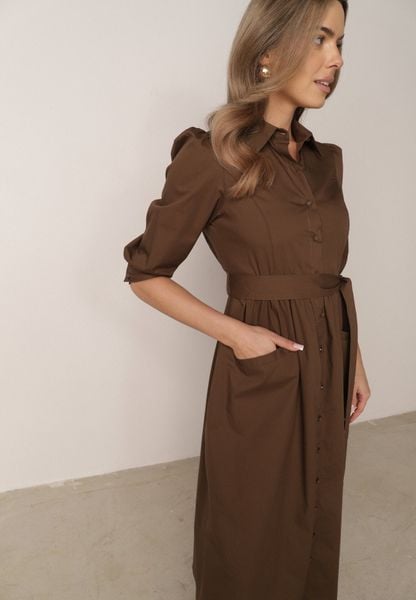 Brązowa Rozkloszowana Sukienka Koszulowa w Stylu Retro z Bawełny z Wiązaniem Cirire. Brązowe sukienki damskie Born2be, na co dzień, l, bez wzorów, z bawełny, eleganckie, bez kołnierzyka, bez ramiączek, maxi, koszulowe. Za 199.99 zł.