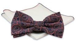 Granatowa Mucha z Białą Poszetką -CHATTIER- Męska, w Czerwony Wzór Paisley, Łezki. Czerwone krawaty i muchy męskie Chattier, bez wzorów, eleganckie. Za 59.00 zł.