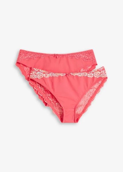 Figi z filigranową koronką (2 szt.). Czerwone figi damskie bonprix, bez wzorów, z koronki. Za 55.98 zł.