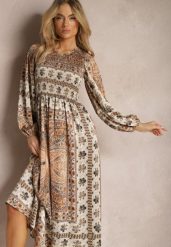 Beżowa Sukienka Maxi Boho z Bufiastym Rękawem i Rozkloszowanym Dołem Veltiana. Brązowe sukienki damskie Renee, na co dzień, l, bez wzorów, z materiału, boho, bez kołnierzyka, bez ramiączek, maxi, kopertowe. W wyprzedaży za 143.99 zł.