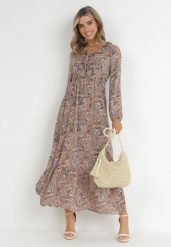 Brązowo-Beżowa Sukienka z Falbanką przy Dekolcie w Ornamentalny Wzór isha. Brązowe sukienki damskie Born2be, na co dzień, l, bez wzorów, eleganckie, bez kołnierzyka, bez ramiączek, maxi, rozkloszowane. W wyprzedaży za 127.99 zł.