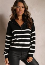 Czarno-Biały Golf Sweter ze Ściągaczami w Paski Zapinany na Suwak Likatte. Czarne golfy damskie Renee, m, bez wzorów, z wiskozy, bez ramiączek. Za 119.99 zł.