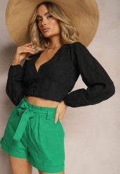 Zielone Szorty High Waist Wiązane w Pasie Gilalilena. Zielone szorty damskie Renee, bez wzorów, z materiału, eleganckie, z podwyższonym stanem. Za 44.99 zł.