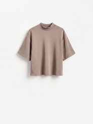 T-shirt z dodatkiem modalu - brązowy. Brązowe t-shirty damskie Reserved, l, bez wzorów, z dzianiny, bez kołnierzyka. Za 89.99 zł.