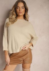 Beżowy Sweter z Wełną z Alpaki i Krótszym Rękawem Irissania. Brązowe swetry klasyczne damskie Renee, z wełny, bez kołnierzyka. Za 169.99 zł.