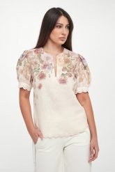 Bluzka damska lniana w kwiaty TWINSET. Bluzki damskie Twinset Milano, bez wzorów, bez kołnierzyka, bez ramiączek. Za 1,179.00 zł.