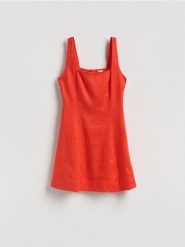 Lniana sukienka mini - pomarańczowy. Brązowe sukienki damskie Reserved, l, bez wzorów, bez kołnierzyka, bez ramiączek, mini, rozkloszowane. Za 239.99 zł.