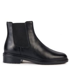 Sztyblety Geox. Czarne botki damskie Geox, bez obcasa, na płaskiej podeszwie, bez zapięcia. Za 579.99 zł.