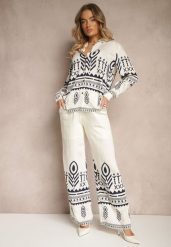 Beżowy Komplet z Wiskozą Koszula i Spodnie Zdobione Ornamentalnym Wzorem Gavris. Brązowe koszule damskie Renee, z aplikacjami, z materiału, eleganckie. Za 129.99 zł.