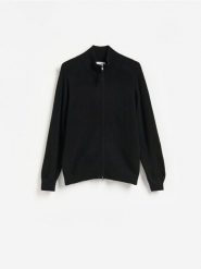 Rozpinany sweter z wełny merino - czarny. Czarne kardigany męskie Reserved, l, bez wzorów, z wełny, bez kołnierzyka. Za 259.99 zł.
