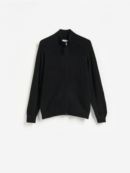 Rozpinany sweter z wełny merino - czarny. Czarne kardigany męskie Reserved, l, bez wzorów, z wełny, bez kołnierzyka. Za 259.99 zł.